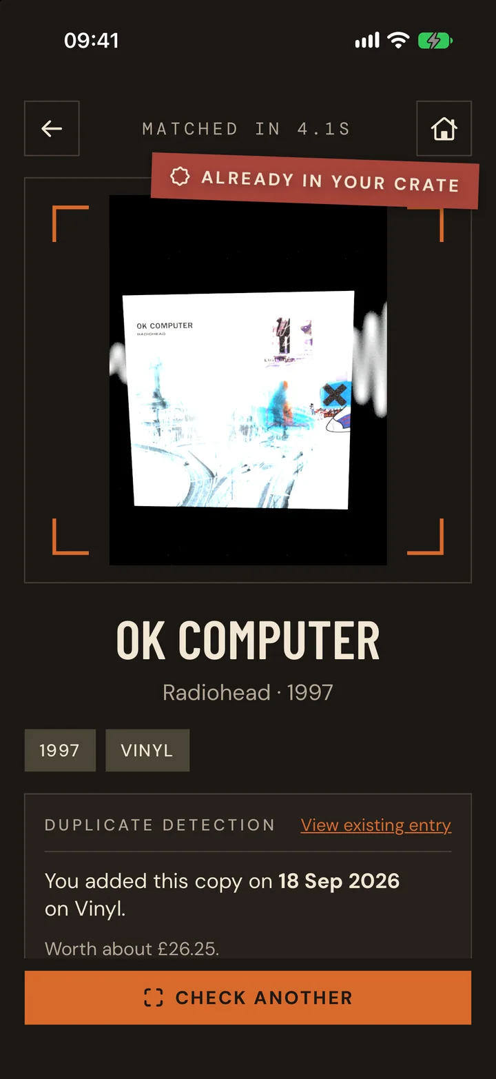 Crate's shop check result for OK Computer by Radiohead, stamped Already in your crate, with the date the copy was added