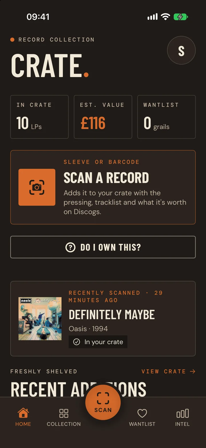 Crate's home screen on iPhone: 10 LPs in the crate, an estimated value of £116, and a Scan a record button