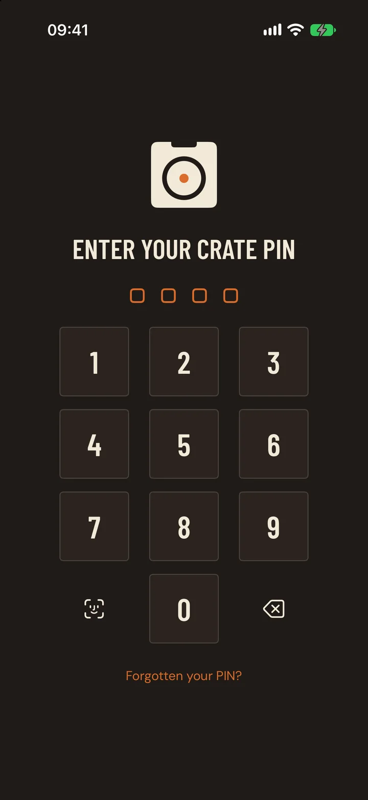Crate's lock screen asking for a PIN, with a Face ID button
