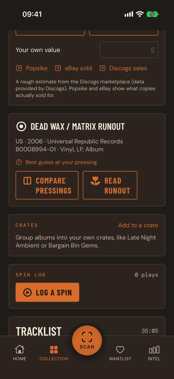 Record page in Crate with dead wax and matrix runout, Compare pressings, Read runout, crates and the spin log