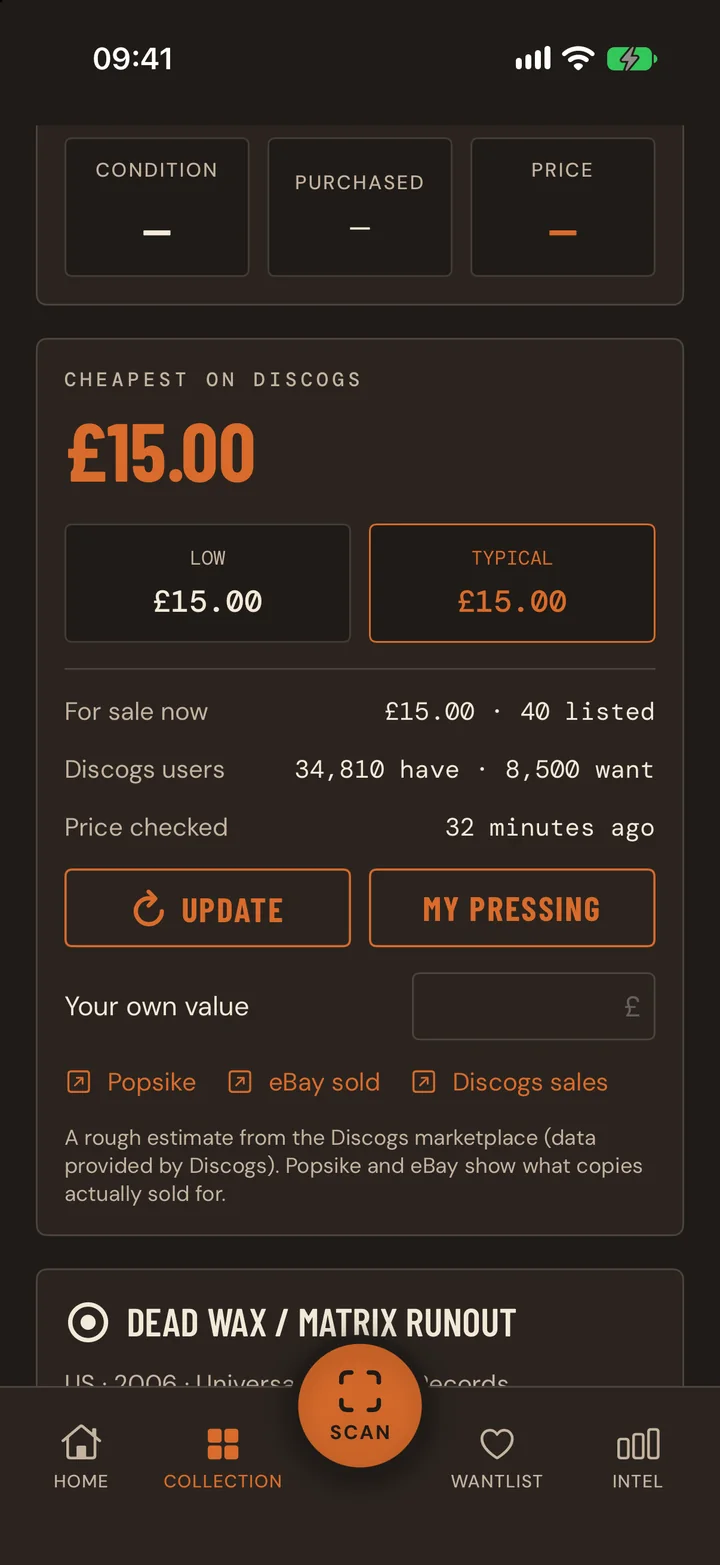 Crate on iPhone showing the cheapest copy on Discogs, low and typical prices, and how many Discogs users have and want the record
