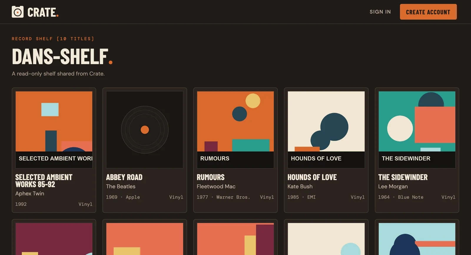 A public Crate shelf: record covers with titles, artists, years and labels, and no prices