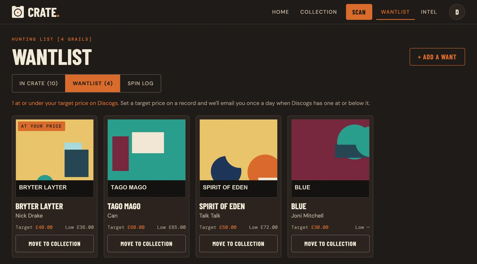 Crate's wantlist on the web: four records with target prices and current low prices, one flagged At your price