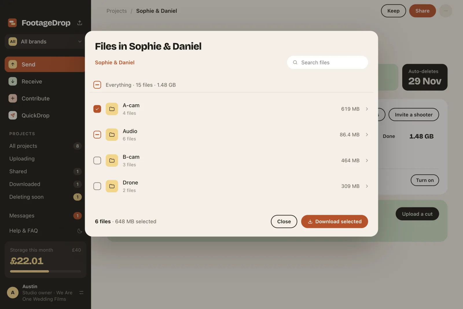 A project's folders in the cloud, with A-cam and two sound files ticked