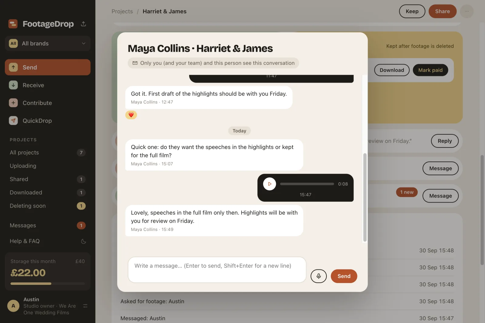 A conversation with an editor, with a reaction and a voice note
