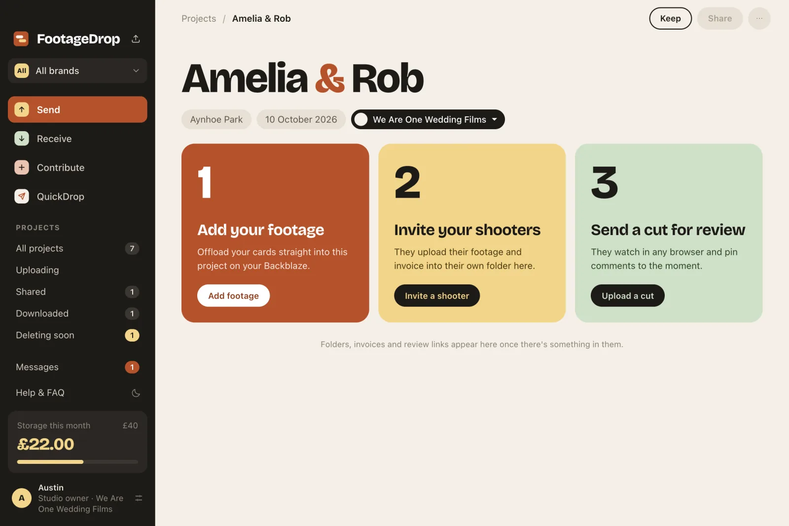 A new project with three steps: add your footage, invite your Shooters, send a Cut for review
