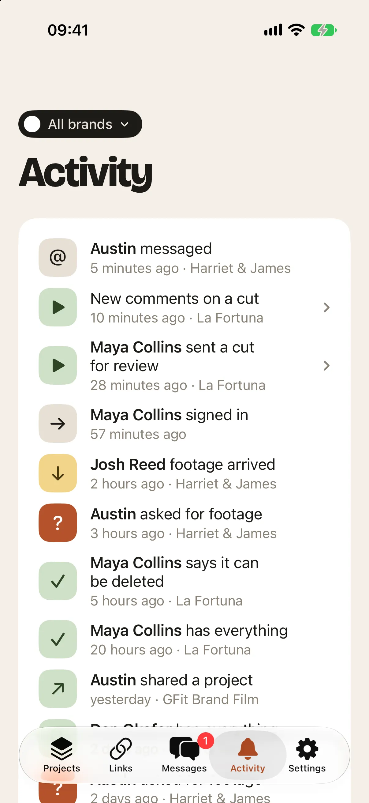 Activity: footage arriving, Cuts, comments and downloads