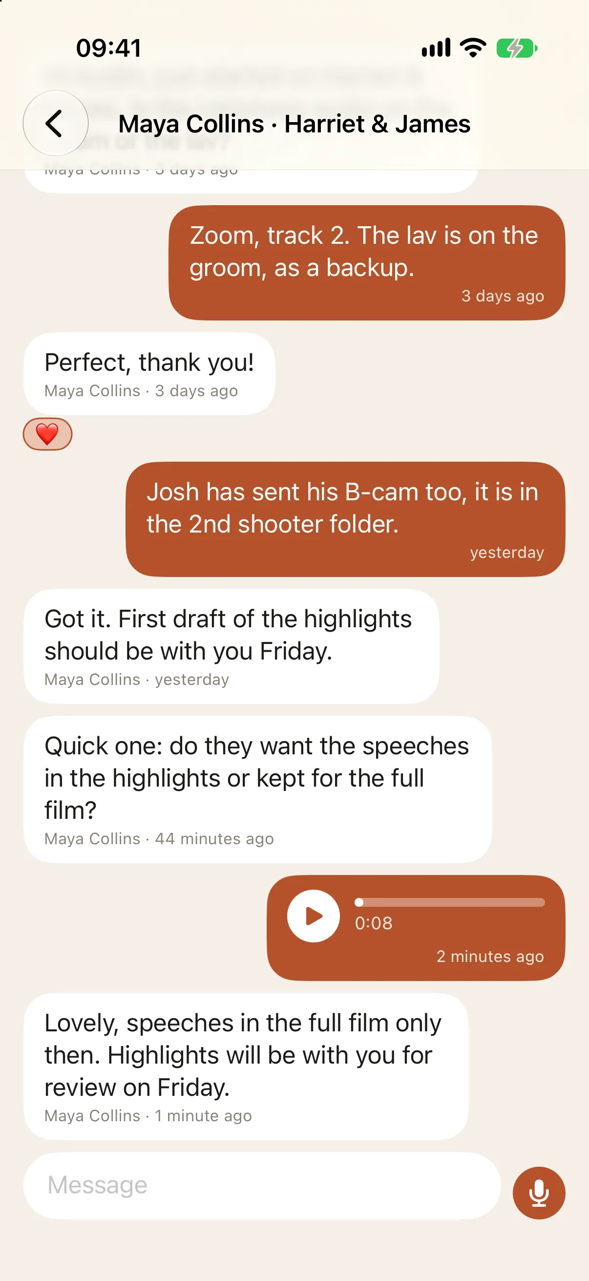 Messages with a voice note and a reaction