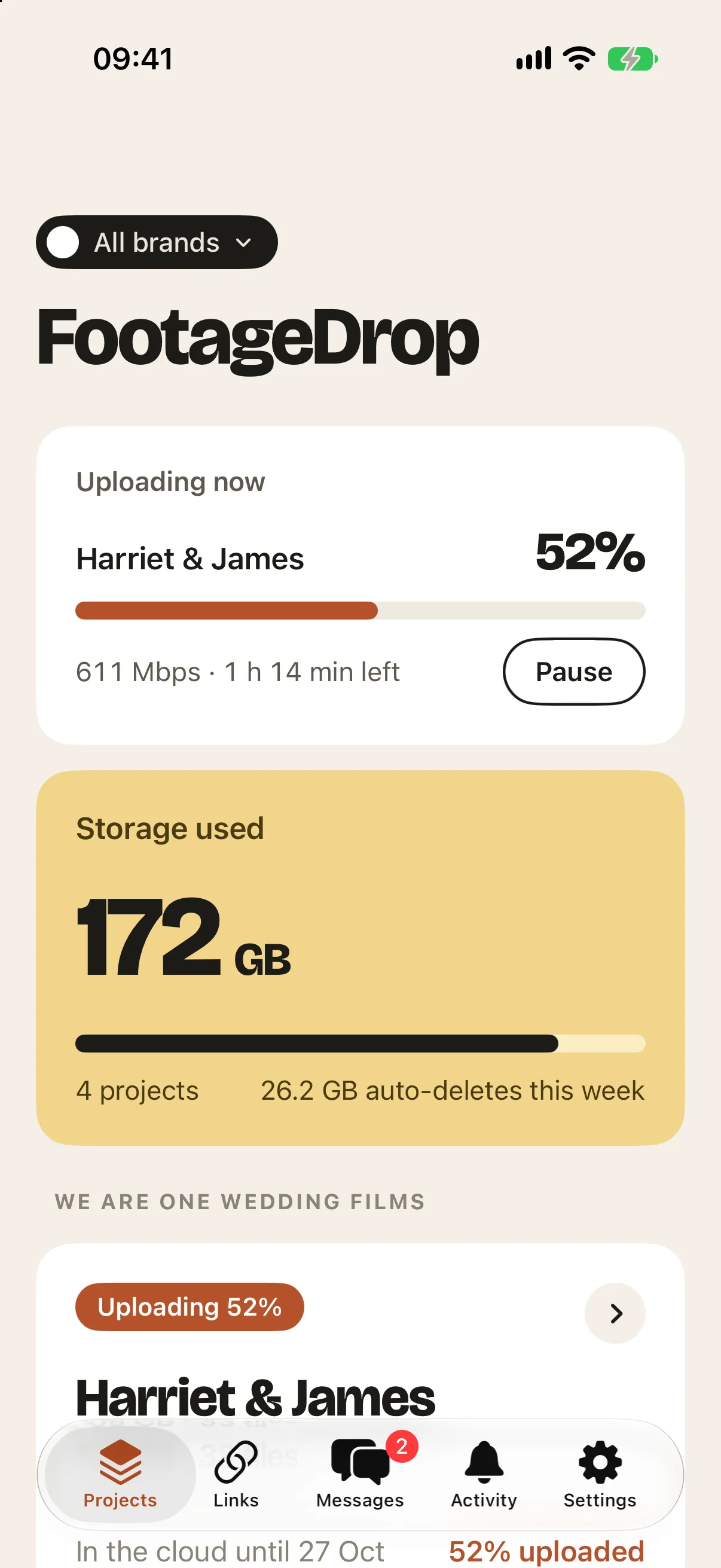 Projects, with storage used and what Auto-deletes this week