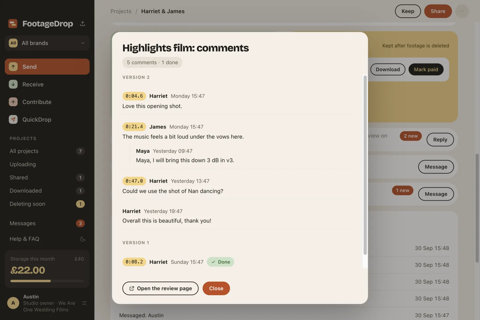 Comments on a Cut, each pinned to a moment in the film